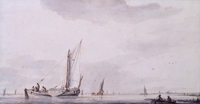 穏やかな河口の漁師と帆船 (ペン、インク、ウォッシュ) 作： Jan van de Capelle or Cappelle