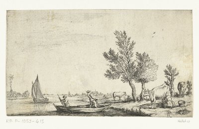 手漕ぎボートで 2 人の男性と川の風景 作： Jan van de Cappelle (attributed to)