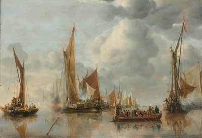 州のはしけに敬礼する本国艦隊 作： Jan van de Cappelle