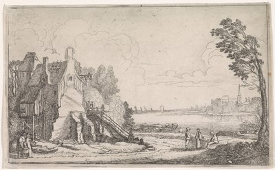 川沿いの老朽化した家屋の人物像 川の風景（連載タイトル） 作： Jan van de Velde (II)