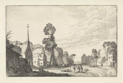 教会のある村の人形と牛 風景（シリーズタイトル） Amenissimae aliquot requculae (シリーズタイトル) 作： Jan van de Velde (II)