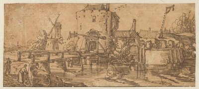 門の前に橋がある都市 (クレンボルグ?) の眺め 作： Jan van de Velde (II)
