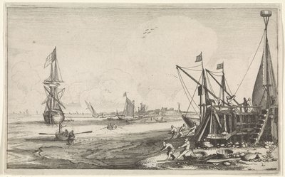 漁師が網を引っ張るハーバーヘッド 海景（シリーズタイトル） 作： Jan van de Velde (II)