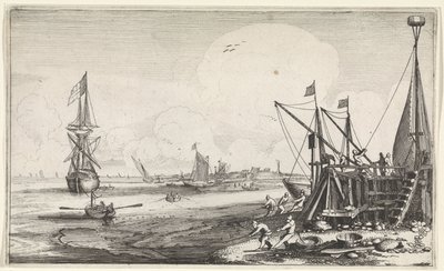 漁師が網を引っ張るハーバーヘッド 海景（シリーズタイトル） 作： Jan van de Velde (II)