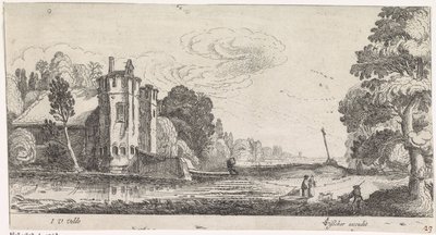 2 つの塔を持つ要塞化された家の近くの人物のいる風景 作： Jan van de Velde (II)