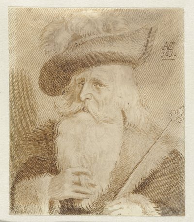 毛皮の襟、帽子、スタッフを持つ男 作： Jan van de Velde (II)