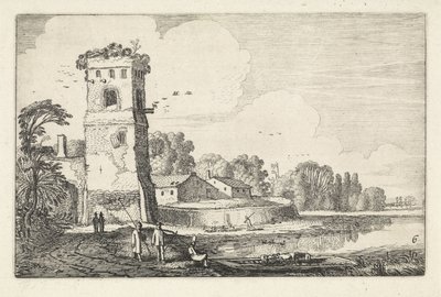 川の風景の中の塔で羊とポン 風景（シリーズタイトル） Amenissimae aliquot requculae (シリーズタイトル) 作： Jan van de Velde (II)