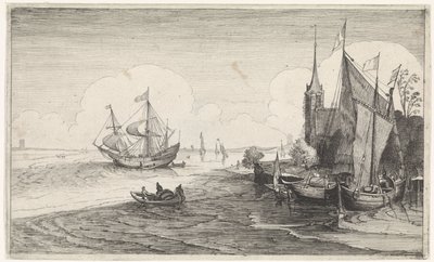 離陸し、教会で海岸 海景（シリーズタイトル） 作： Jan van de Velde (II)