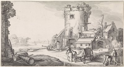 川の風景の中の塔の兵士 遊び心あふれる風景と愉快な顔（連載タイトル） 作： Jan van de Velde (II)