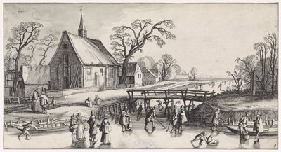 村の近くのスケーターと冬の風景 Playsanteの風景と面白い顔（シリーズタイトル） 作： Jan van de Velde (II)
