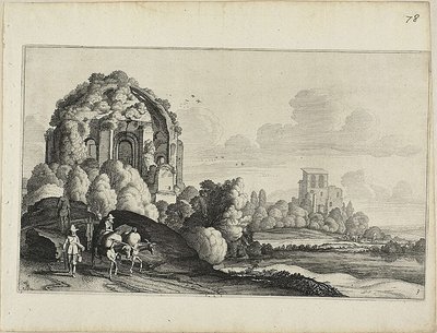 ローマのミネルヴァ・メディカ神殿の前にいる旅行者たち 作： Jan van de Velde II