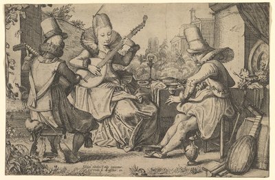 優雅に着飾った二人の男と庭にいる一人の女 1613-41年 作： Jan van de Velde II