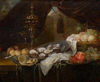 金杯、ファソン・ド・ヴェニーズのグラス、果物、牡蠣のある静物画 作： Jan van den Hecke