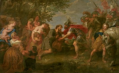 ヤコブは弟のエサウと出会う（キャンバスに油彩） 作： Jan van den Hoecke