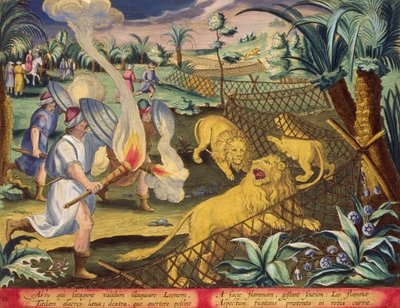 アムステルダムの Phillipus Gallaeus 発行の Jan Collaert (1566-1628) によって彫刻された、おそらく北アフリカのローマ時代のローマ時代の狩猟、プレート 10 (手描きの彫刻) 作： Jan van der (1523 1605) (after) Straet