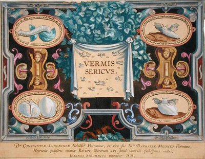 テオドール・ガレ(1571-1633)の「Vermis Sericus(蚕)」の扉(エングレーヴィング) 作： Jan van der Straet