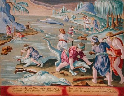 棒と棍棒を使ってクロコダイルを殺す、「Venationes Ferarum、Avium、Piscium」(ハンティングについて: 野獣、鳥、魚) のプレート 88、Jan Collaert (1566-1628) が彫刻、アムステルダムの Phillipus Gallaeus 発行 (手描きの彫刻) 作： Jan van der (1523 1605) (after) Straet