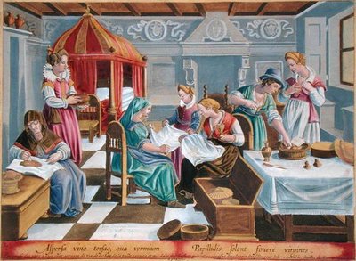 女たちはカイコの卵にワインをかけて胸元で温めている、フィリップ・ガレ（1537-1612）の「Vermis Sericus（カイコ）」より第3版（エングレーヴィング） 作： Jan van der Straet