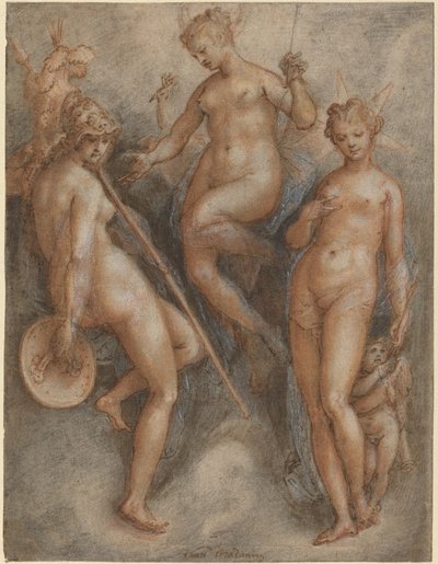 3人の女神：ミネルバ、ジュノ、ヴィーナス、1587年頃（ペンと茶色のインクと黒と赤のチョークが敷かれた紙の上に白で強調されています） 作： Jan van der Straet