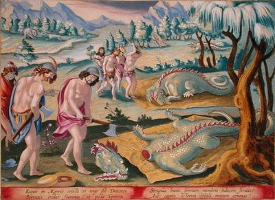 アムステルダムの Phillipus Gallaeus 発行の Jan Collaert (1566-1628) によって彫刻された「Venationes Ferarum、Avium、Piscium」(狩猟について: 野獣、鳥、魚) のプレート 46 の断頭ワニ (手描きの彫刻) 作： Jan van der (1523 1605) (after) Straet