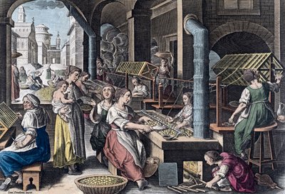 16世紀のヨーロッパにおける絹の生産（版画） 作： Jan van der (1523 1605) (after) Straet