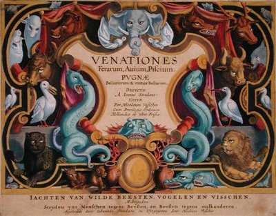 ヤン・コラート（1566-1628）が彫った「Venationes Ferarum, Avium, Piscium」（野生の獣、鳥、魚の狩猟）のタイトルページ。 作： Jan van der Straet