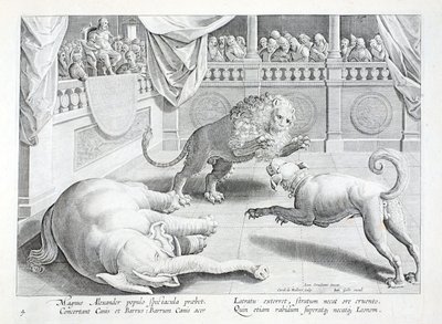 アレキサンダー大王がライオン、犬、象の戦いを見世物にしている。「Venationes, Ferarum, Avium, Piscium」（狩猟について：野獣、鳥、魚）の挿絵で、ヤン・コラート（1566-1628）が彫ったもので、フィリップス・ガラエウスがアムステルダムで出版した（彫刻）。 作： Jan van der Straet