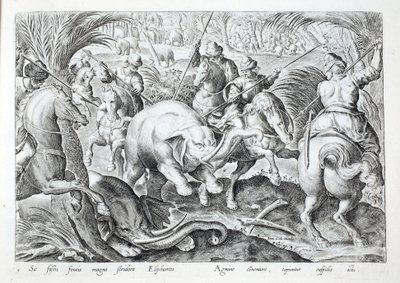 象はハンターの槍で打たれると大きな音を立てます.「Venationes、Ferarum、Avium、Piscium」(狩猟について: 野獣、鳥、魚) のイラスト、ヤン・コラート (1566-1628) によって刻まれました。 Phillipus Gallaeus、アムステルダム (彫刻) 作： Jan van der (1523 1605) Straet