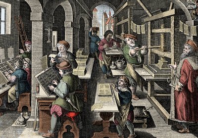 印刷所（c1600年） - オランダ、印刷：左には文字が使用され、印刷師が監督する印刷の準備のさまざまな段階 - ジョバンニ・ストラダーノ（ヤン・ファン・デル・ストラート）の「Nova Reperta」からのエングレーヴィング（Johanne 作： Jan van der Straet