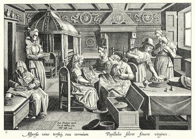 蚕の卵を扱う様子（エングレービング 作： Jan van der Straet