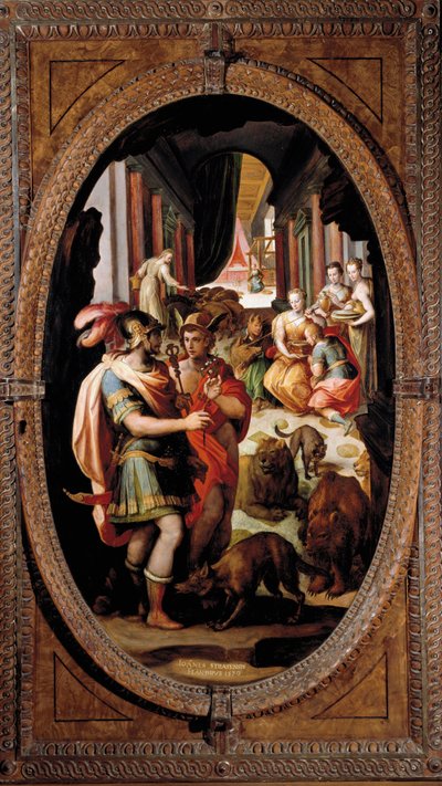 ユリシーズ、マーキュリー、キルス。豚に変身したユリシーズの仲間たちと（絵画 作： Jan van der Straet
