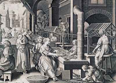 Vermis sericus, 絹を紡ぎ、火で蚕を加熱する女性たち, ストラダヌス（1523-1605）による彫刻, イタリア 作： Jan van der Straet