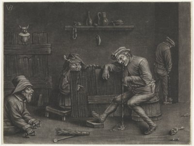 放尿する男、嘔吐する男、小人、物乞いのいるインテリア 作： Jan van der Bruggen