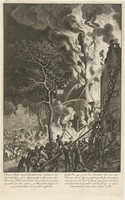1669 年、アムステルダムのローリエ通りでの火災 1669 年 12 月 29 日の激しい火災。ローリエ グラフト (…) の砂糖パン屋で発生 / 1669 年 12 月 29 日、Grand feu, quise prit le. dans une sucrerie、sur le ローリエ グラフト (…) (オブジェクトのタイトル) 作： Jan van der Heyden (attributed to)