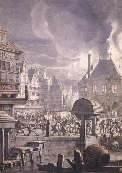 1652年7月17日、アムステルダムの旧市庁舎で火災（紙にペンとインクとトイレ） 作： Jan van der Heyden