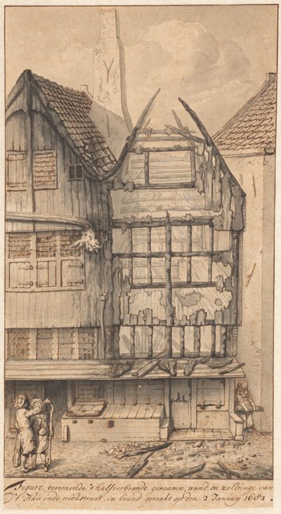 Oude Nieuwstraat の 2 つの燃え尽きた家屋、1682 年 作： Jan van der Heyden