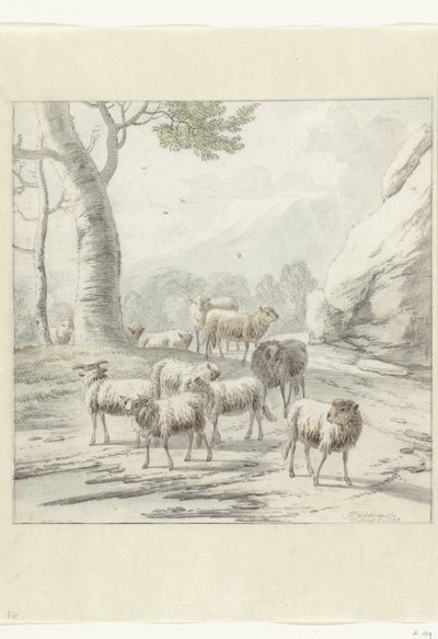 木の近くに羊の群れのある風景 作： Jan van der Meer (II)
