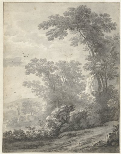 川の近くの木のある山の風景 作： Jan van der Meer (II)