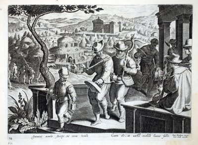 Jan Collaert（1566-1628）によって刻まれた &39;Venationes、Ferarum、Avium、Piscium&39;（Of Hunting：Wild Beasts、Birds、Fish）からのイラストで、ブラックバードを捕まえるために出かけるバードキャッチャー、パブ。フィリップス・ガル 作： Jan van der Straet