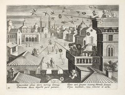 Jan Collaert（1566-1628）によって刻印された、穴のあるミラーディスクを使用したツバメの捕獲、プレート77、 &39;Venationes、Ferarum、Avium、Piscium&39;（狩猟：野生の獣、鳥、魚）のイラスト、出版。 作： Jan van der Straet