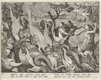 インドで蛇を捕まえるクラブとトーチを使用して下草を照らす、パブ. 1640年の彫刻。 作： Jan van der Straet