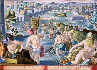 Jan Collaert（1566-1628）によって刻まれた &39;Venationes Ferarum、Avium、Piscium&39;（Of Hunting：Wild Beasts、Birds、Fish）からのプレート96のフィリップスギャラエウスによるネットを使用した浅瀬での釣り 作： Jan van der Straet