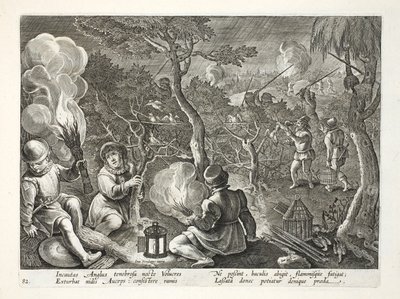 Jan Collaert（1566-1628）によって刻まれた &39;Venationes、Ferarum、Avium、Piscium&39;（Of Hunting：Wild Beasts、Birds、Fish）からのイラスト、夜に鳥を捕る野鳥たち、パブ。フィリップス・ガレウス、アムステ 作： Jan van der Straet