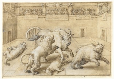 雄牛、ライオン、熊、2 頭のオオカミの間で闘技場で戦おう 作： Jan van der Straet