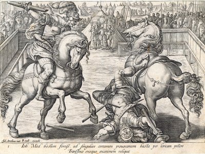 ジョヴァンニ・デ・メディチは、デュエルで対戦相手を殺します。フィリップゴール（1537-1612）、c.1583によって彫刻された「メディチの歴史」からのプレート5 作： Jan van der Straet