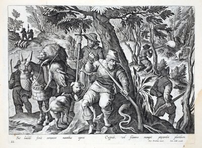 ハンターは槍を積んだ槍または銃を使って、イノシシを狩猟します。イラストは、「Venationes、Ferarum、Avium、Piscium」（狩猟：野生の獣、鳥、魚）のイラストで、Jan Collaert（1566-1628）によって彫刻されています。 作： Jan van der Straet