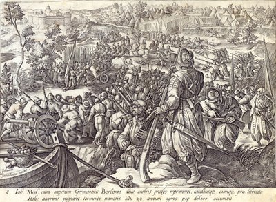 ヘンドリック・ゴルツィウス（1558-1617）によって彫刻された「ジョヴァンニ・ド・メディチの戦いにおける死」、「メディチの歴史」からのプレート8、c.1583 作： Jan van der Straet