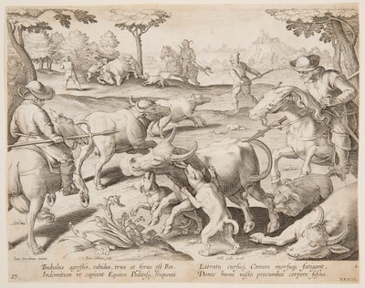 バッファロー ハント、ハント オブ ゲーム、鳥、魚シリーズのプレート 27 作： Jan van der Straet, called Stradanus