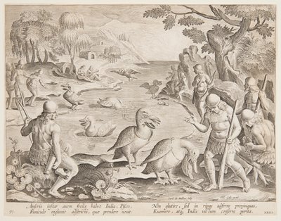 ペリカンの助けを借りて魚を捕まえるインディアン、Game of Game、Birds、Fish シリーズのプレート 23 作： Jan van der Straet, called Stradanus