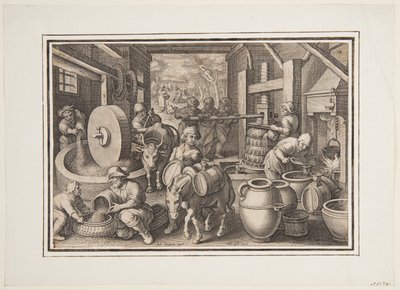 Oleum Olivarum (オリーブオイルの生産)、Nova Reperta (現代の新しい発明) のプレート 12 作： Jan van der Straet, called Stradanus